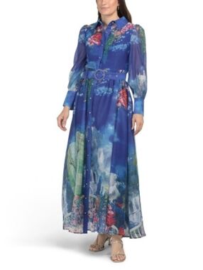 NWT DALIA MCPHEE Long Sleeve Garden Print Mock Neck Blue Maxi Dress Sz Medium